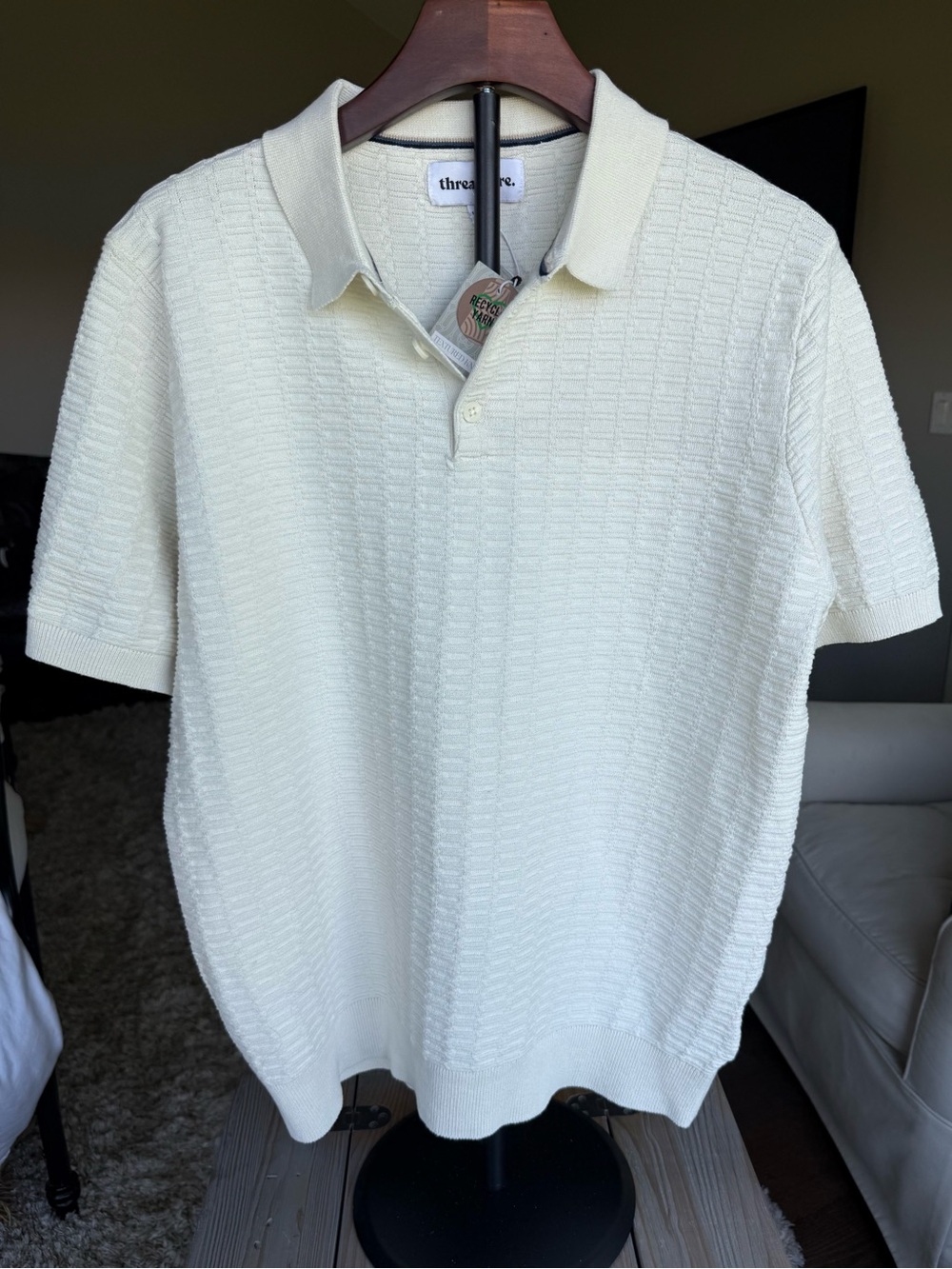 Threadbare Men's Cream Textured Knit Short Sleeve Sweater Collared Shirt Large